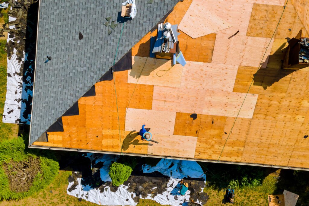 Aerial view of roof under construction.