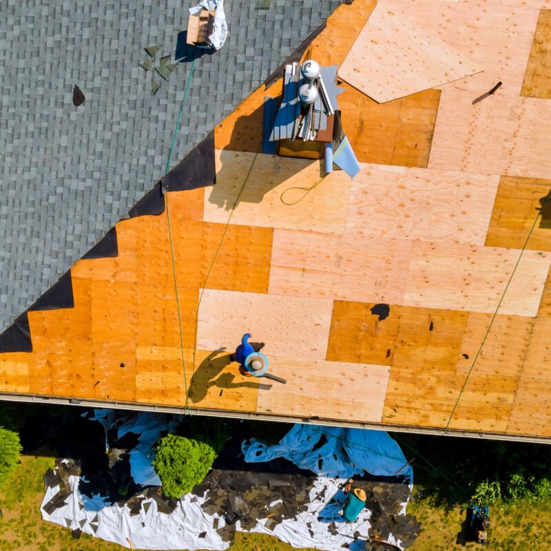 Aerial view of roof under construction.